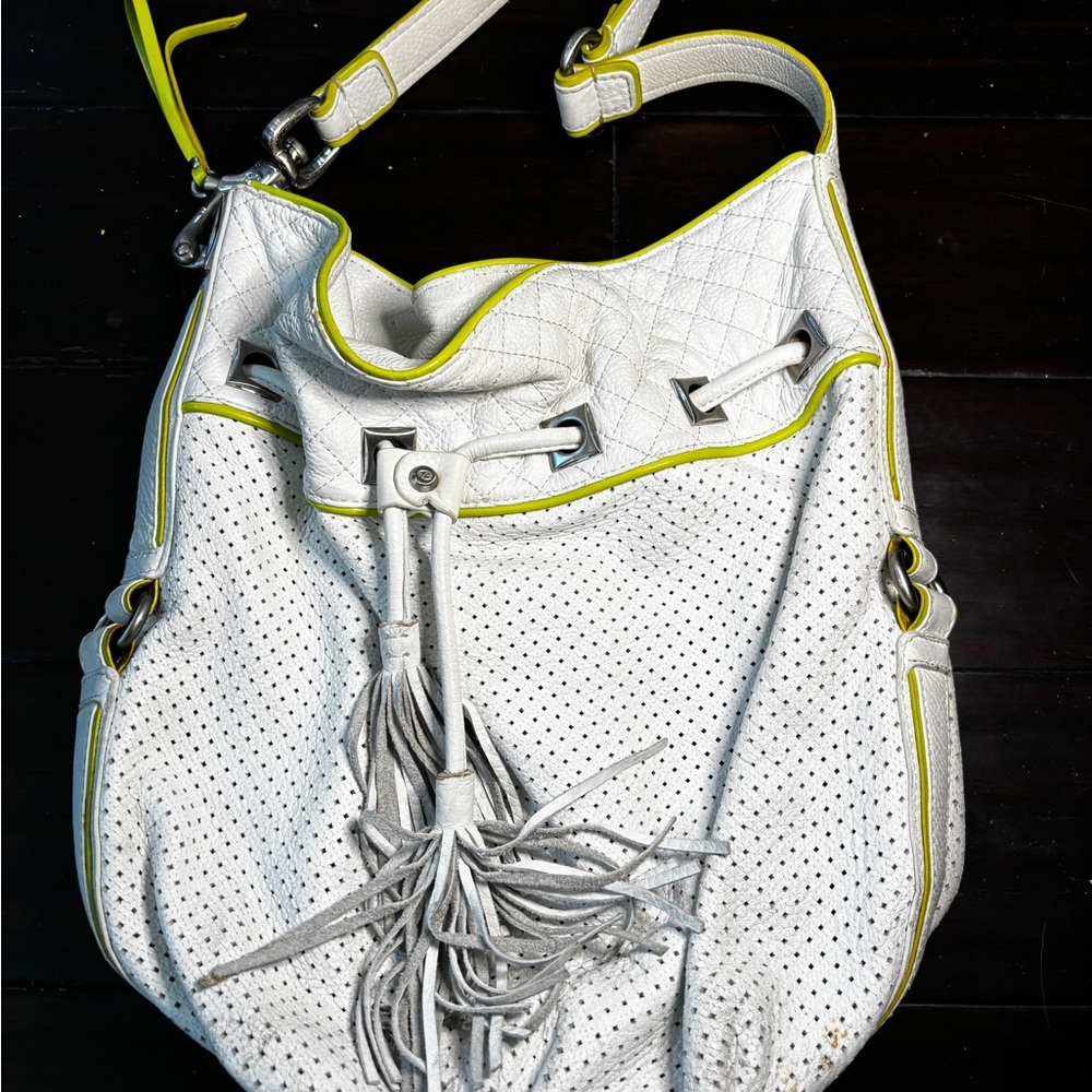 White and Lime Perforated Leather Bag